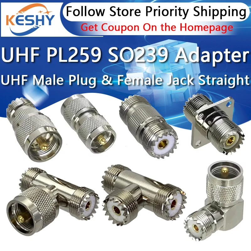 1Pcs Adapter UHF PL259 SO239 to UHF Male Plug & Female Jack Straight & Right Angle & Flange & T Type RF Coaxial Connector