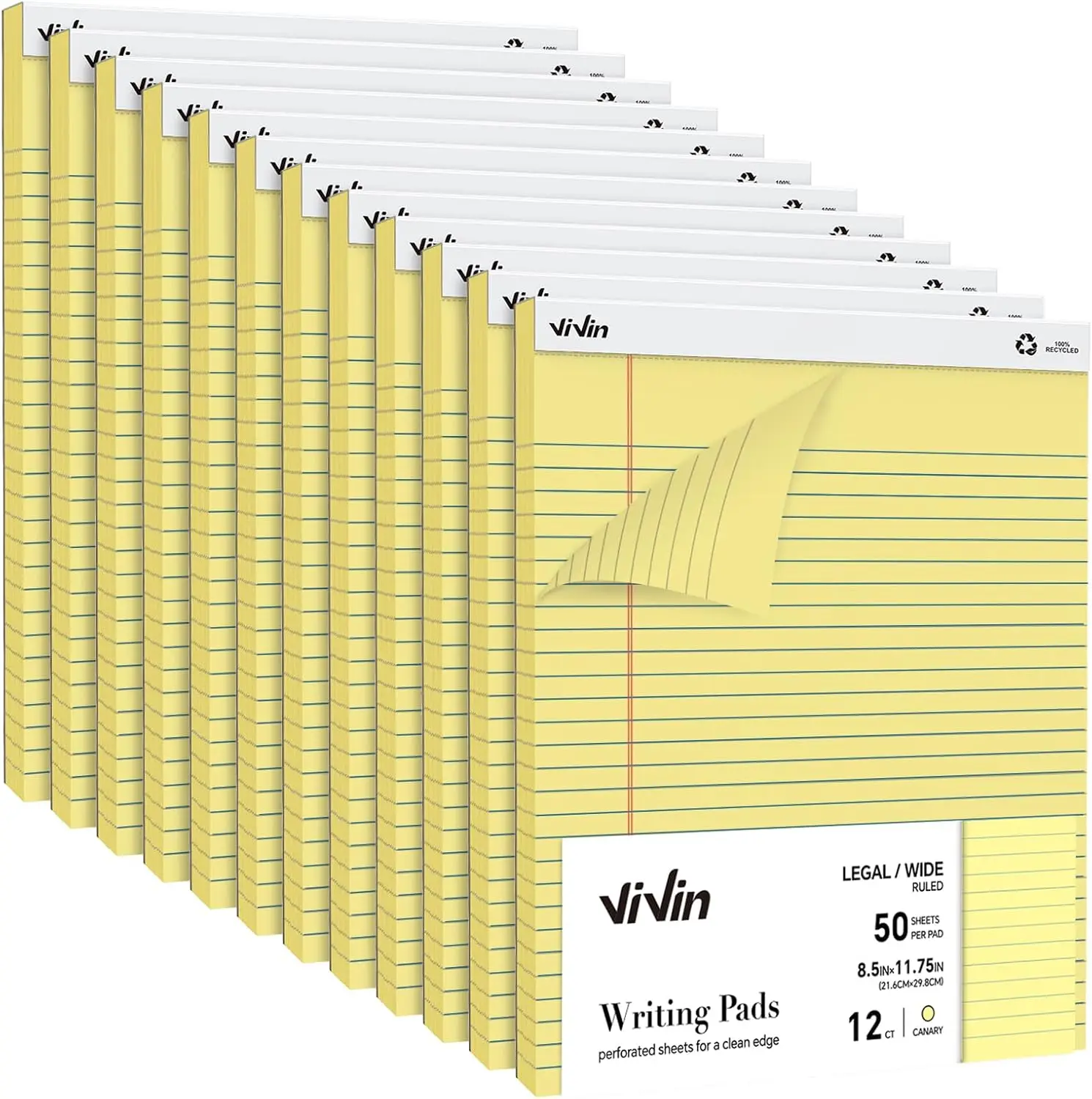

Legal Pads 8.5x11, Wide Ruled, 12 Pack, 50 Sheets Each, Canary Yellow, Perforated, 600 Sheets Total