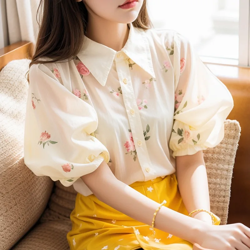 

Chiffon Women's Shirt Summer Prints Vintage Blouses Loose Short Sleeve Women Tops Floral Fashion Clothing 2024 Korean