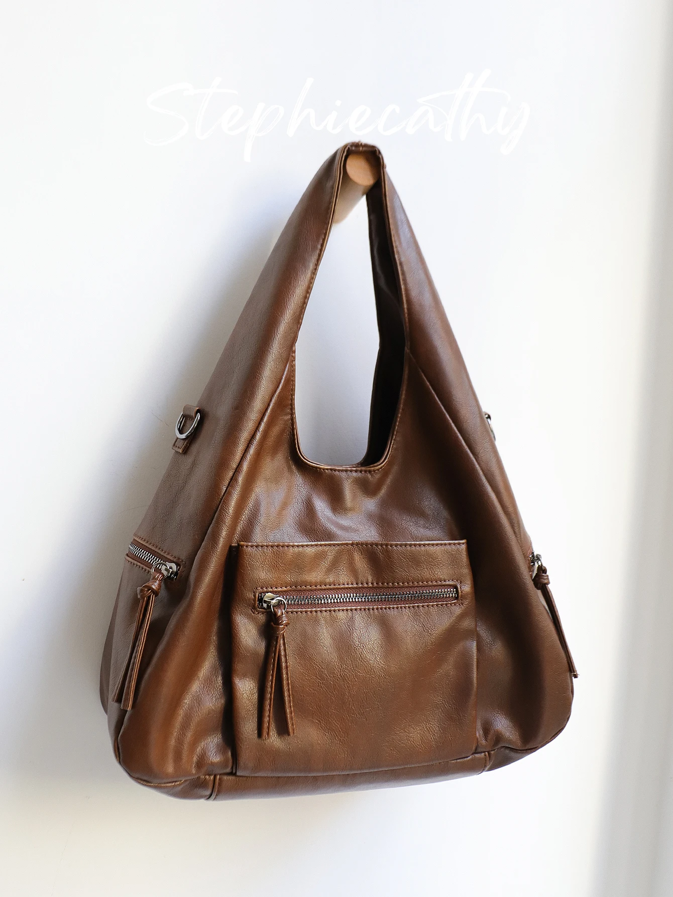 

SC Women Slouchy Washed PU Leather Hobo Multi Functional Zip Pockets Cross body Handbag Large Shoulder Bag Purse Daily Travel