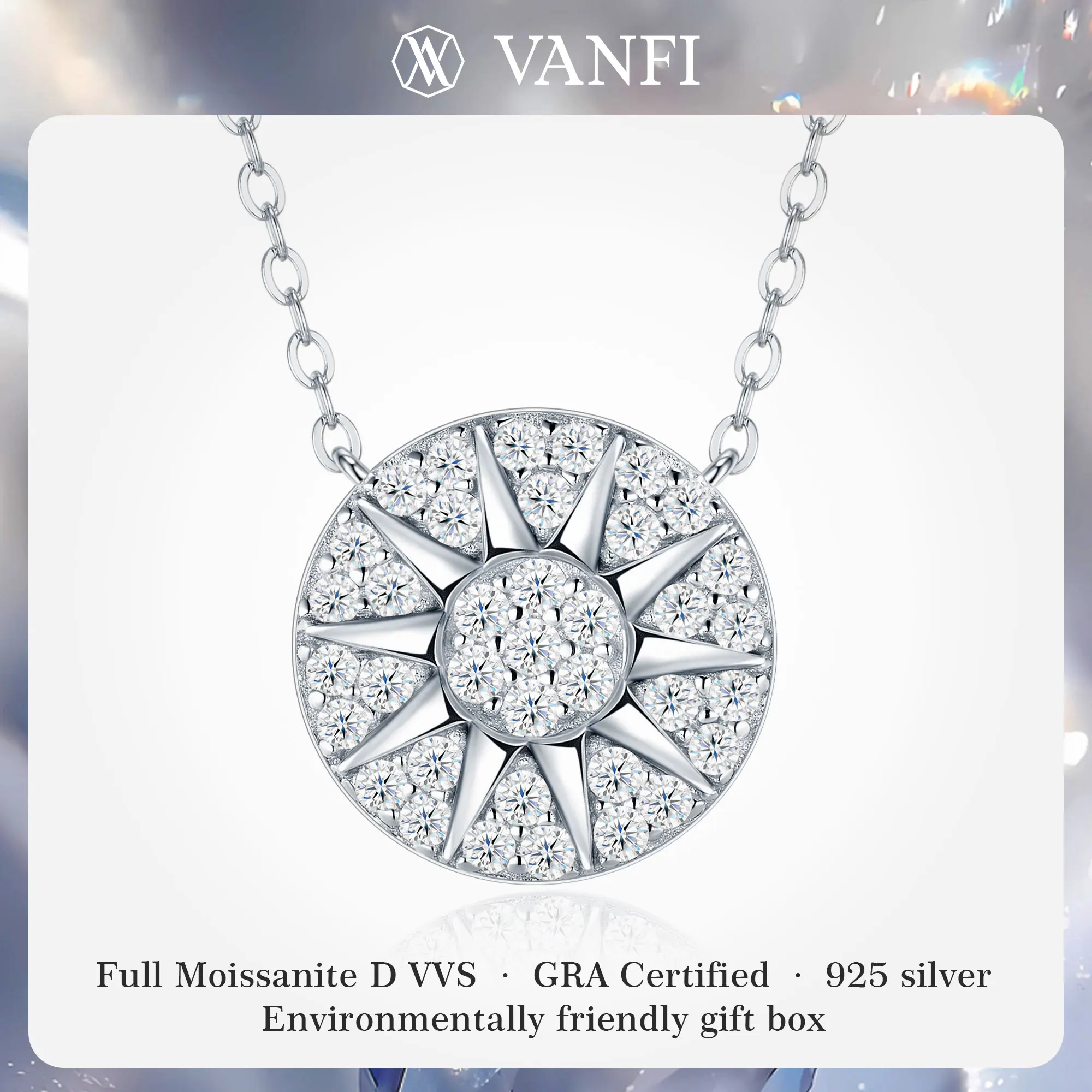 

KFVANFI Sun Moissanite Necklace 925 Silver D Color VVS1 Certified Diamond Pendant Necklace for Women Gift Luxury Fine Jewelry