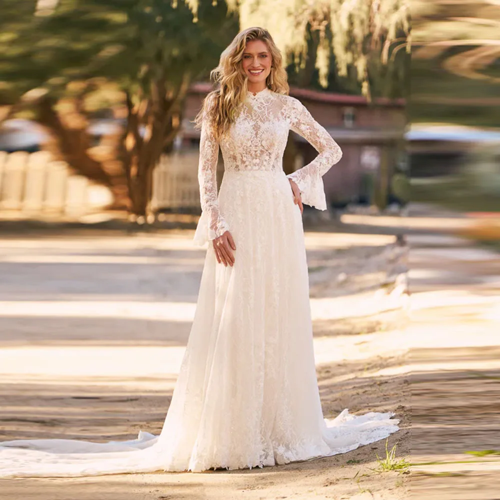 

Elegant European High Neck Lace Long Sleeve Wedding Dress Floor Length A Line Bridal Gown with Train Vintage Customized