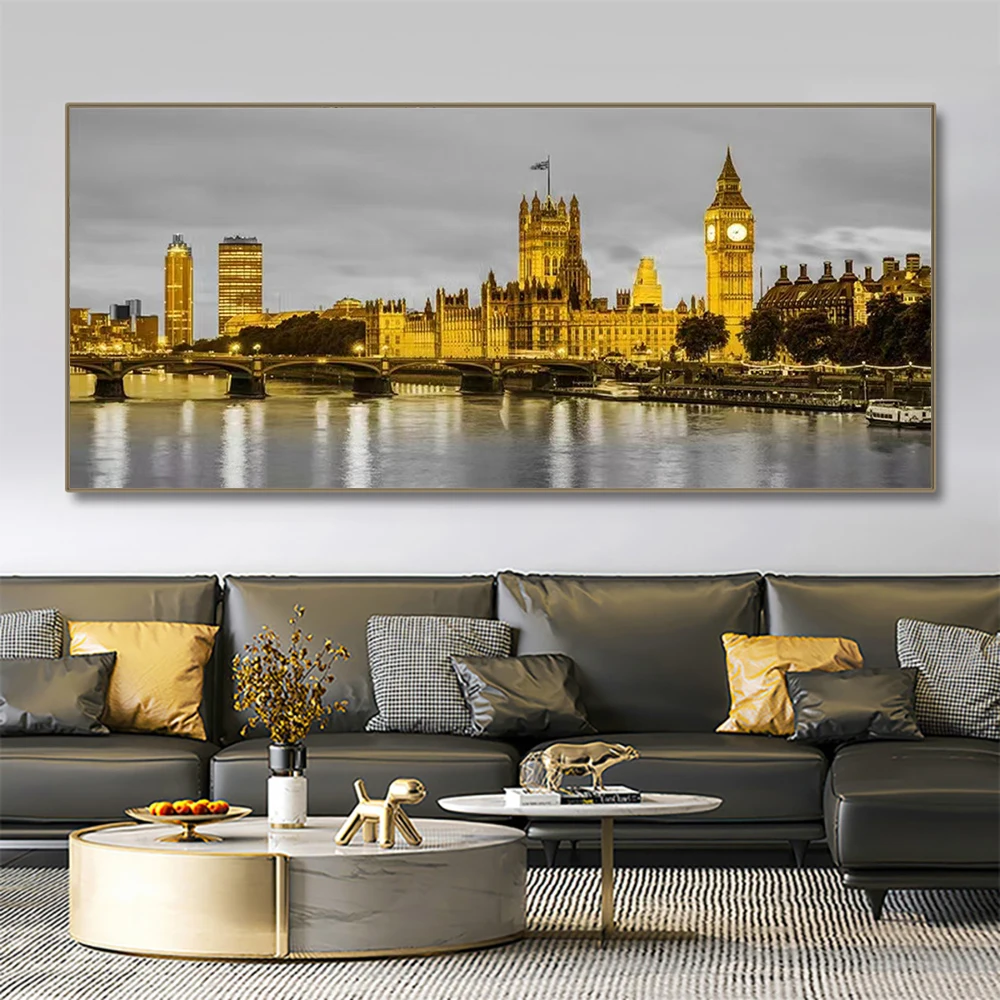 Black White Artwork Gold Landscape Wall Art Canvas Painting Famous Building Poster and Print Picture for Modern LivingRoom Decor