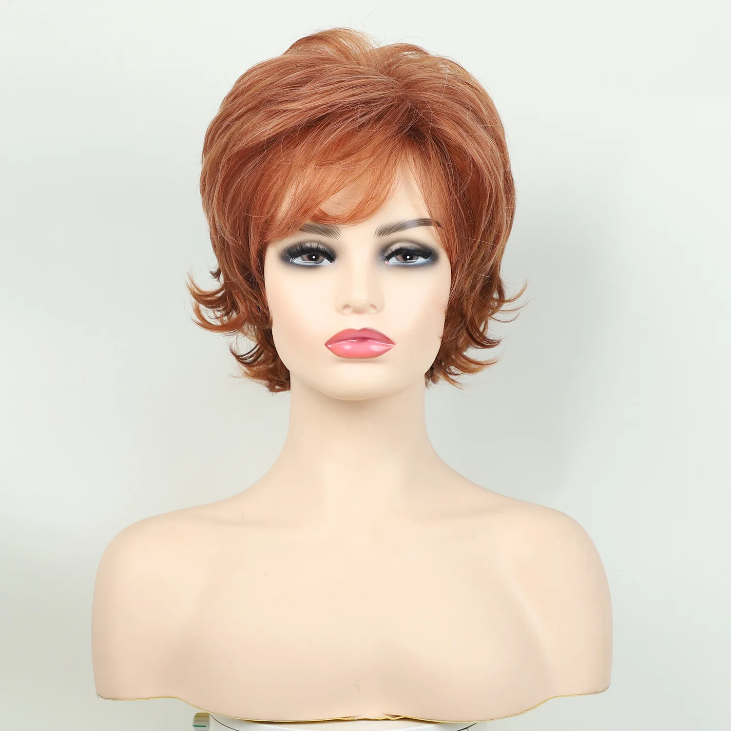 Synthetic Orange Brown Wigs for Women Realistic Short Pixie Cut Wig with Bangs Daily Ladies Fake Hair