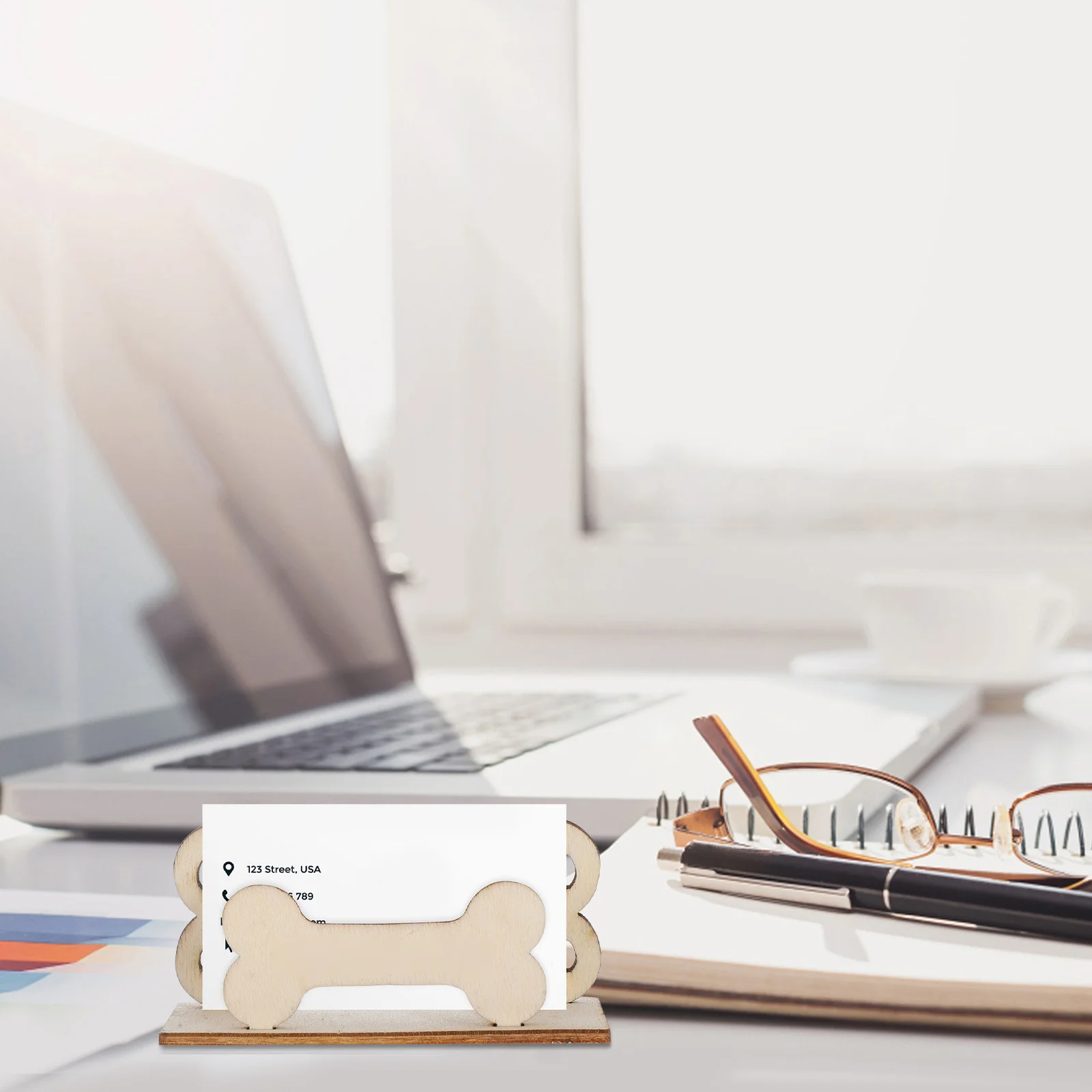 حامل بطاقات عمل على شكل عظمة، منظم مكتب خشبي، حامل بطاقات مدمج لقاعدة عرض رف تخزين طاولة المكتب #5