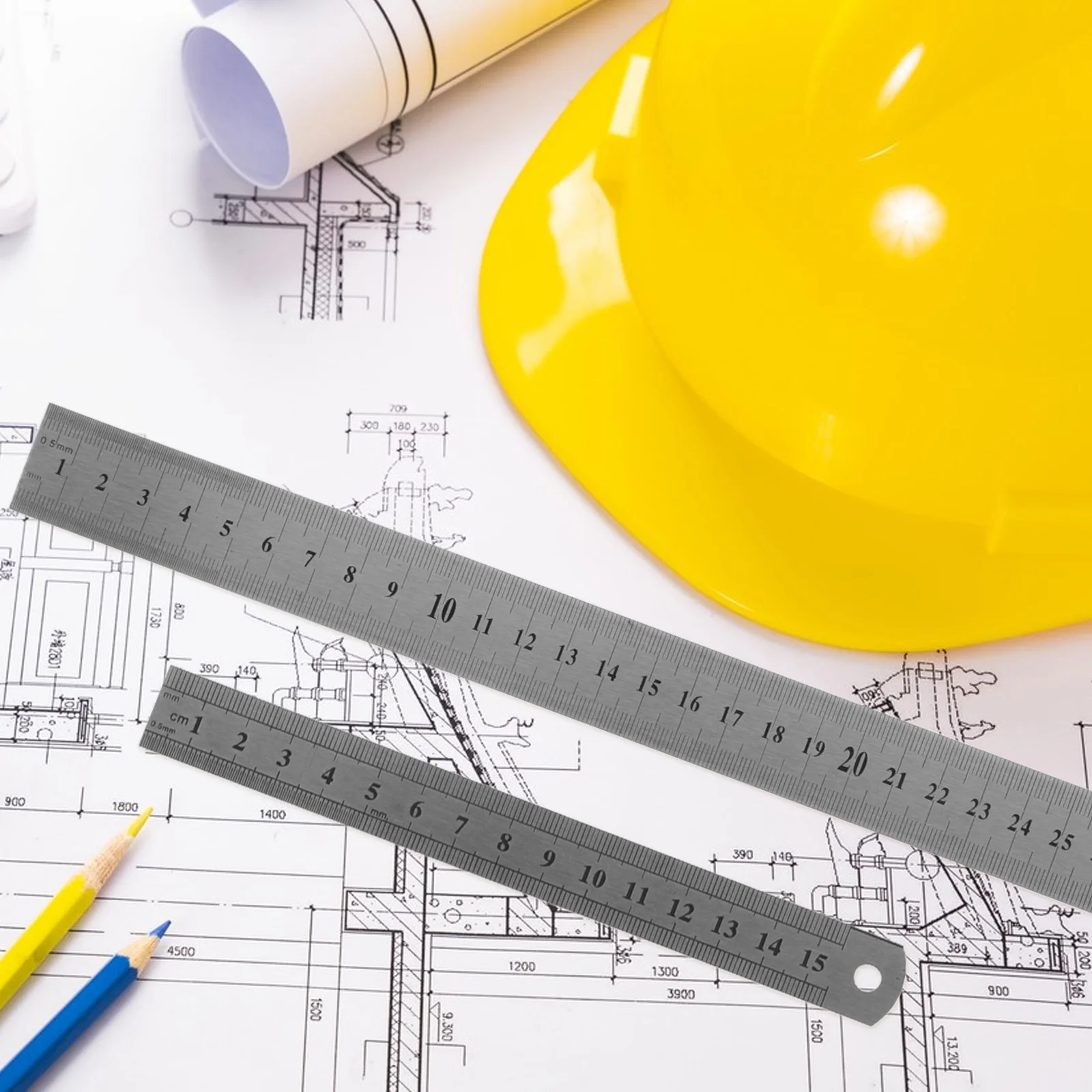 2pcs Metal Ruler Double-Sided Scale Steel Straight Edge For Architecture Engineering Drawing Measuring Tool Office Supply