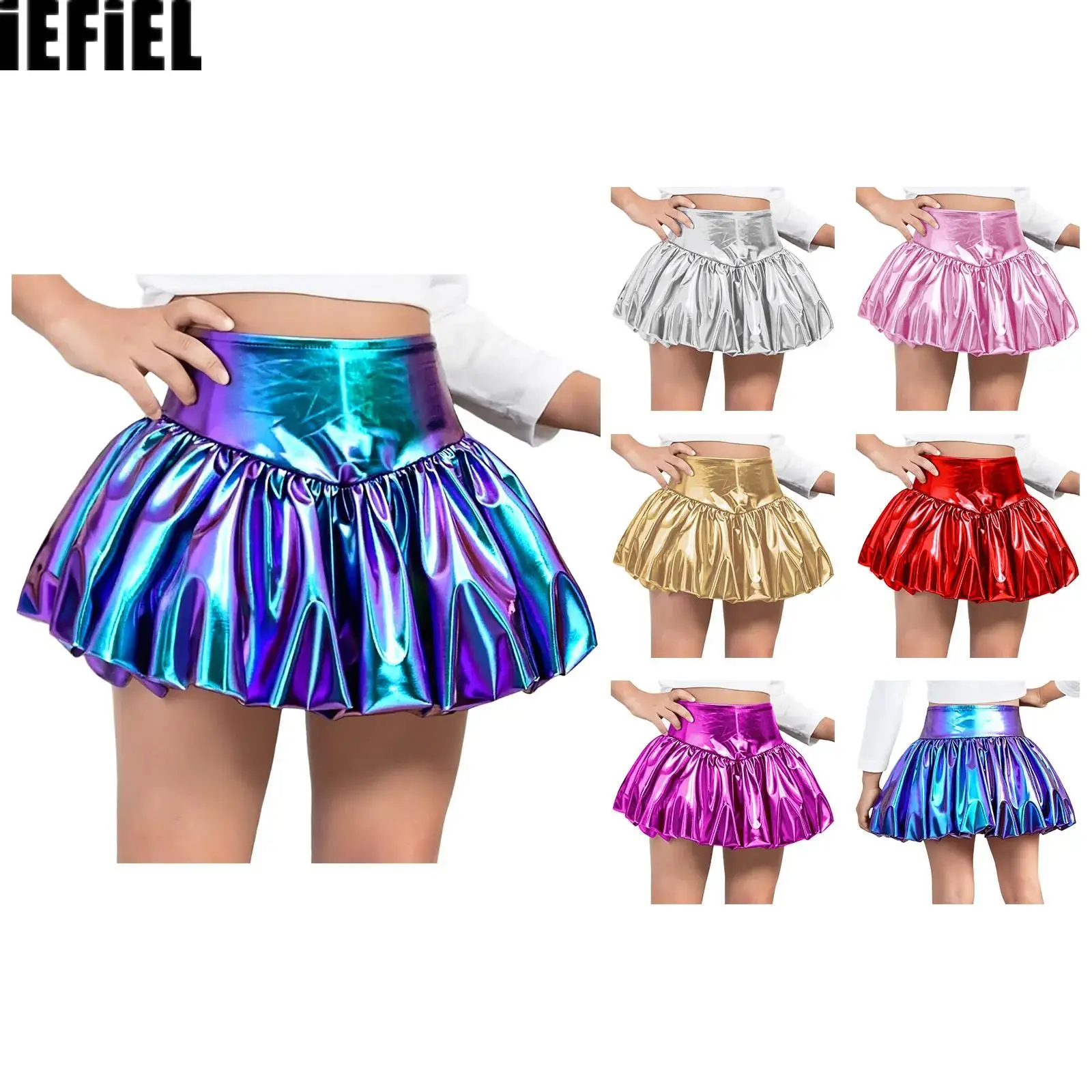 

Kids Girls Metallic Bubble Skirt Elastic Waistband Shiny Bud Skirts for Stage Performance Dance Party