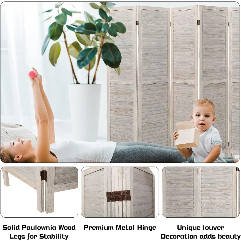 6 Panel Wood Room Divider, Folding Room Divider Privacy Screen 5.6Ft Tall, Freestanding Louvered Divider Screen for Home