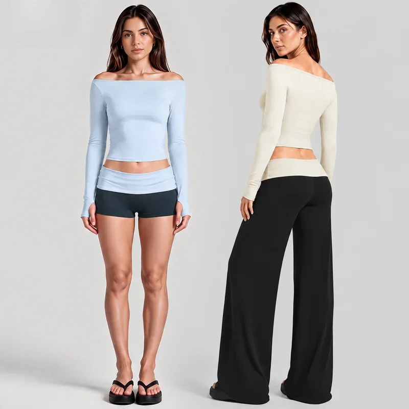 Women Off Shoulder Long Sleeve Yoga Suit Crop Top & Shorts Outfit Activewear Yoga Pilates Training Fitness Wear Sports Leg Pants