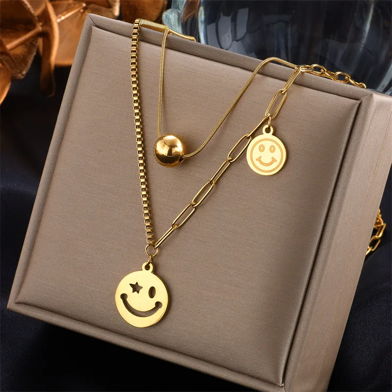 316L Stainless Steel Fashion Fine Jewelry Hip Hop Smiling Face Beaded Charms Thick Chain Choker Necklaces Pendants For Women