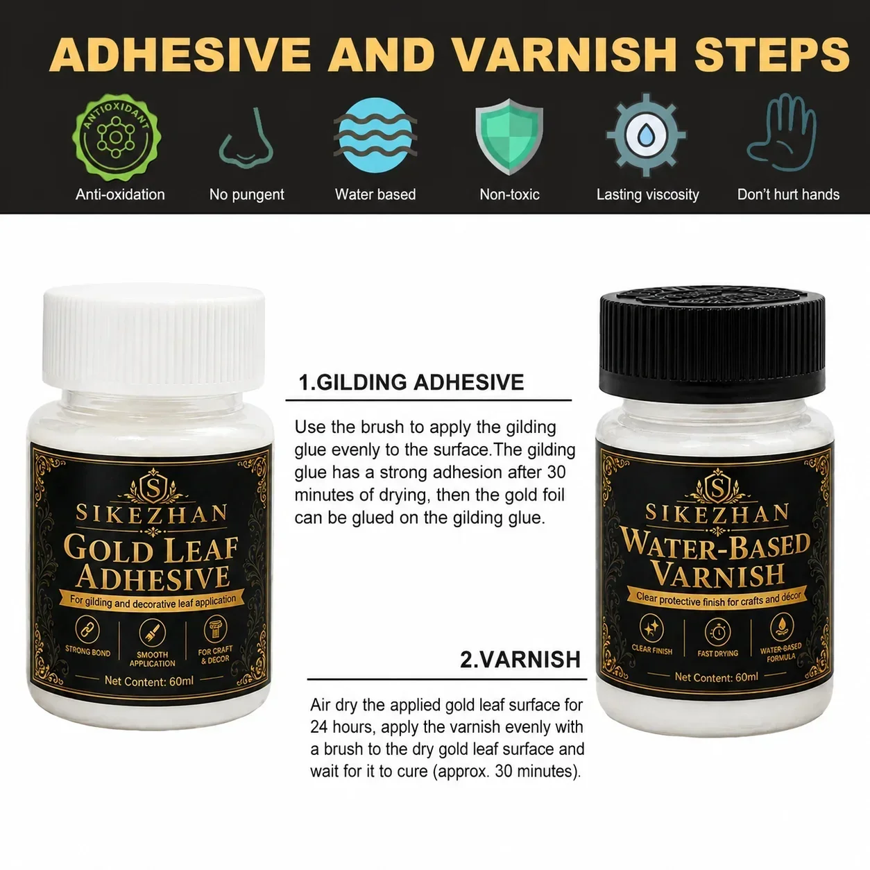100 Stück Goldfolienblätter Vergoldungsset 60ml Wasserbasierter Klebstoff & Klarlack für DIY Möbel Holzkunst Handwerk Dekoration – Detail 2