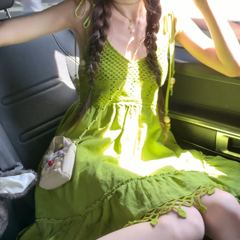 2025 Women's New Summer Suspender Dress Avocado Green Knitted Hollow Draped A-line Dress Fresh and Sweet Seaside Vacation Skirt