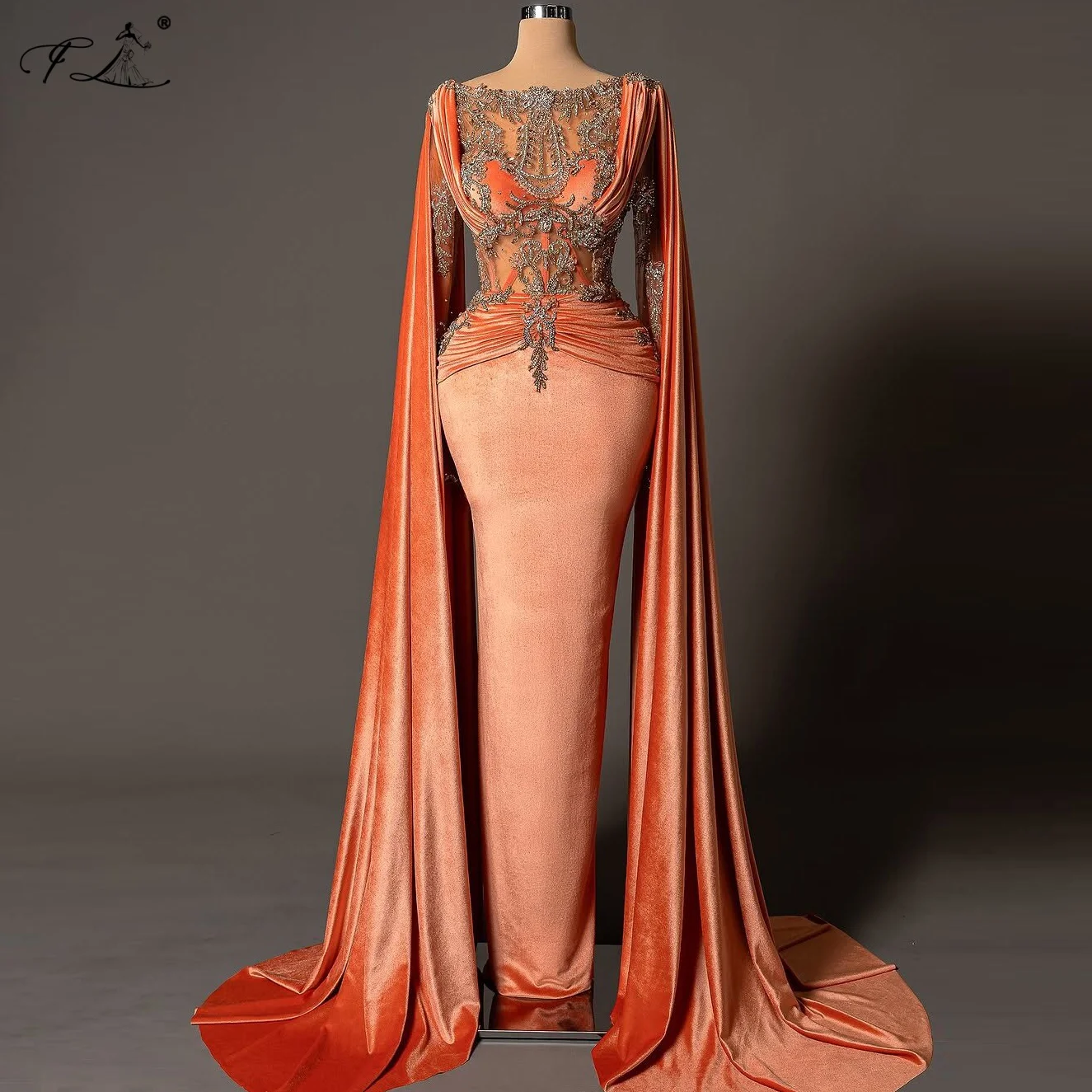 

Orange Red Velvet Mermaid Crystal Sheer Evening Gown Cape And Train Long Sleeve Prom Dress Ball Gown Formal Dress Customizable