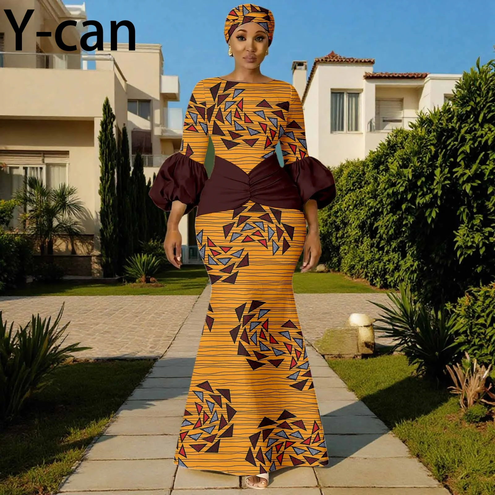 

Turkey Dress African Women Luxury Dashiki Ankara Print Boat Collar Lantern Sleeve With Headscarf Dresses Party Wedding 2625016