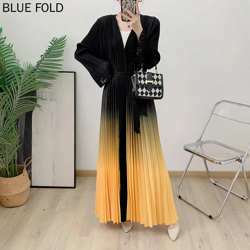 MIYAKE Pleated Trench Coat for Women Autumn New Style Fashion Print Gradient Color Flared Sleeve Cardigan Long Outerwea PLEATS