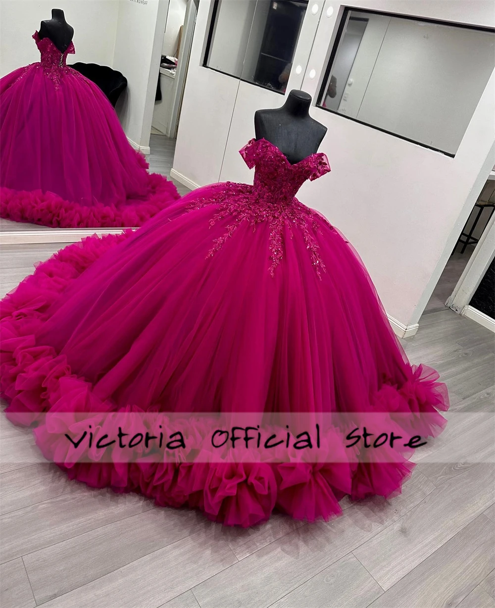 Dark Pink Ruched Train Off The Shoulder Sweetheart Quinceanera Dress Ball Gown Mexican Sweet Sixteen Dress Wedding Gowns Corset