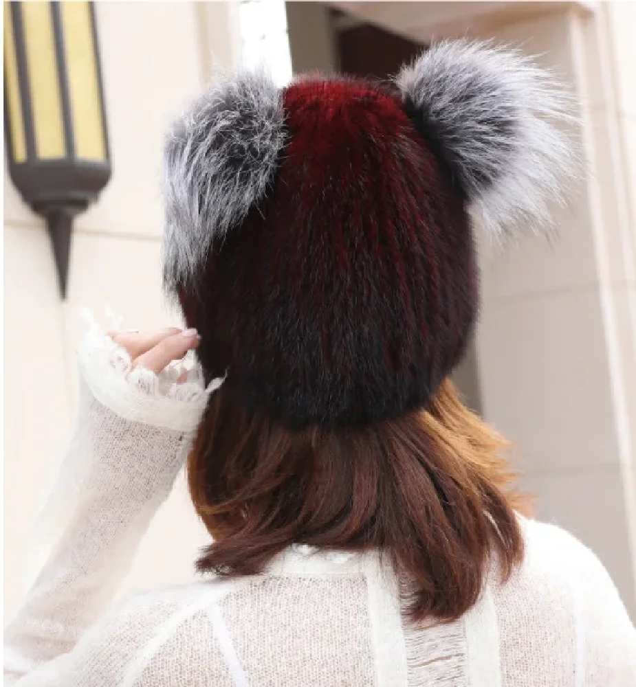 Women's Real Mink Fur Hat Winter Warm Beanie Cap Headwear Ski Hat Beige Black Wine Red