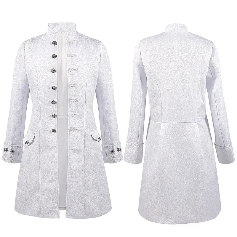 Men Halloween Cosplay Costume White Jacquard Long Coat Vintage Steampunk Tailcoat Jacket Men Gothic Victorian Frock Coat Uniform