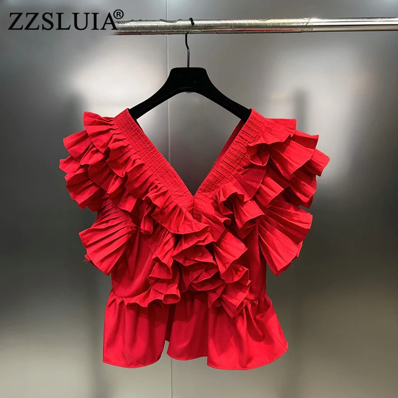 

ZZSLUIA Elegant Shirts For Women Solid Color Shirring Designer Ruffles Slim Blouses Fashion V Neck France Tops Female Clothing