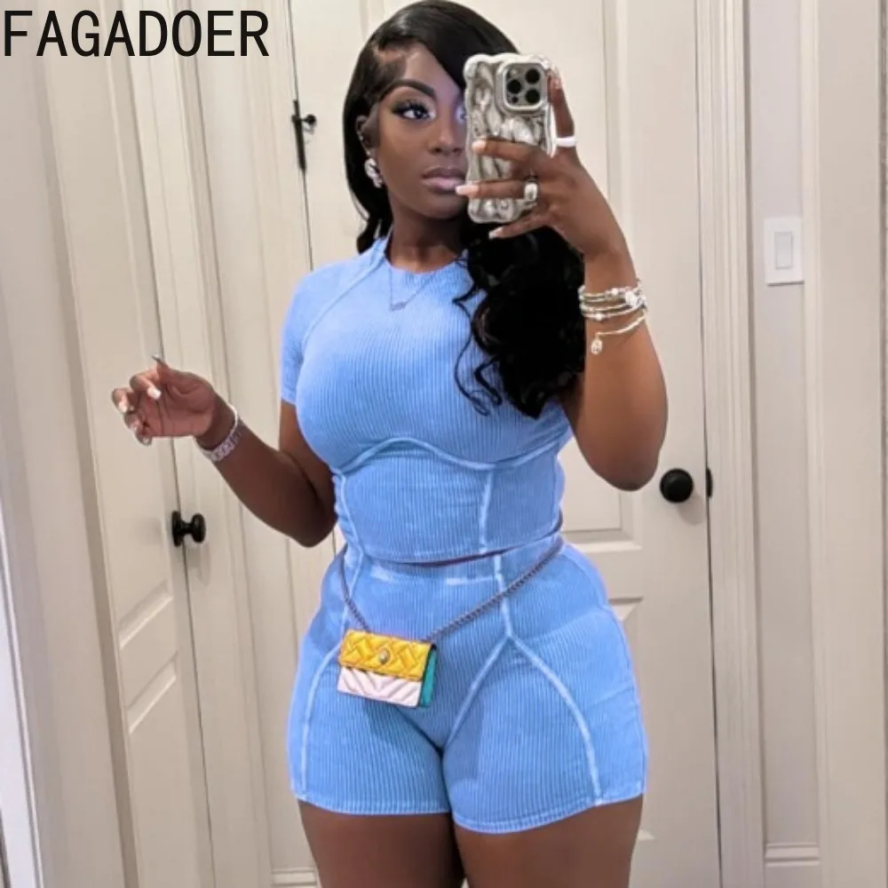 FAGADOER Summer Solid Ribber Sporty Two Piece Sets Women O Neck Short Sleeve Crop Top And Biker Shorts Outfits Female Tracksuits