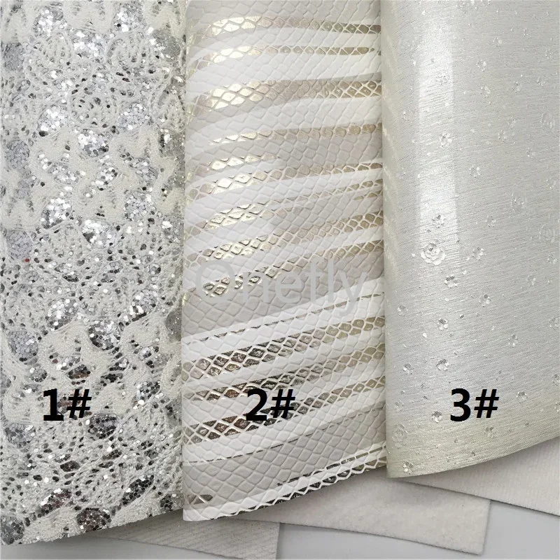 Onefly 21X29CM White Lace Glitter Fabric, Metallic Snake Faux Leather Fabric Sheets For Bow DIY  handbags shoes  AQ084