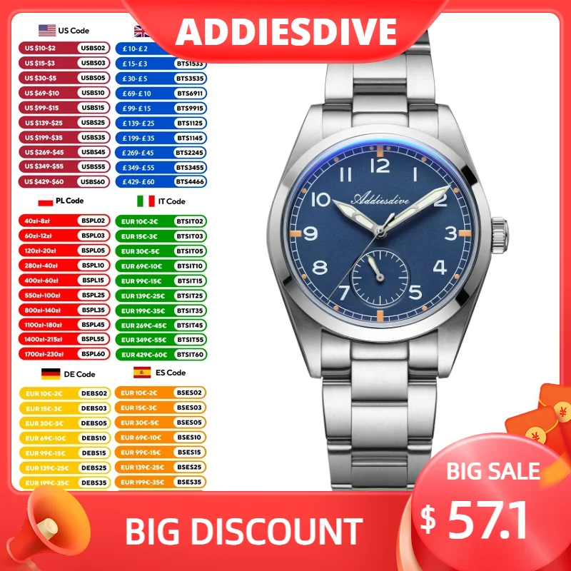 

ADDIESDIVE 2025 36MM Men's Watch Bubble Mirror K1 Mineral Glass Reloj Hombre VH60 Movement 10ATM Waterproof Luminous Men Watches