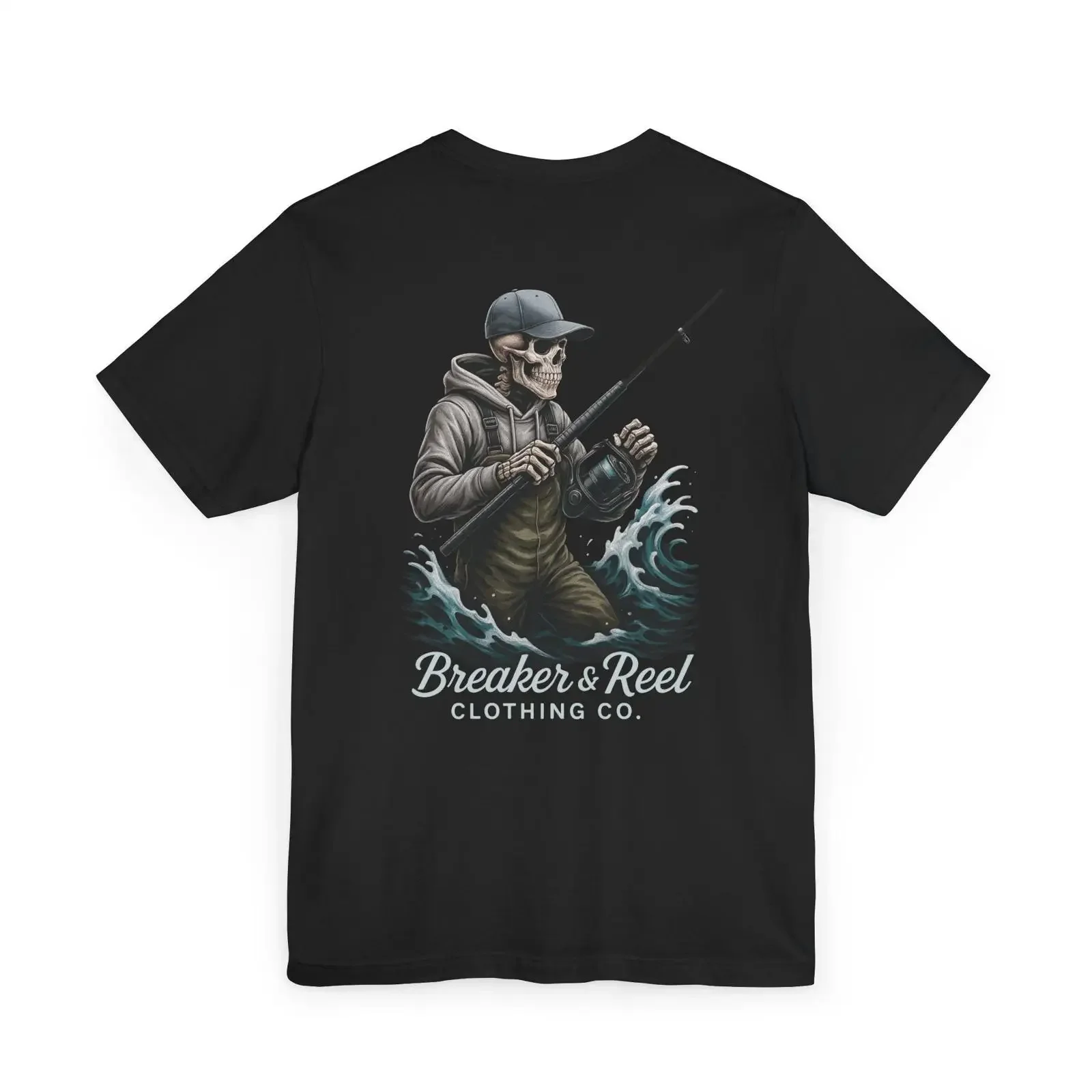 Skeleton Fisherman Surfcasting T-Shirt, Strand-Vintage-Stil, gewaschene Grafik, weich, Herrenmode, dehnbar, vielseitig, leicht lässig