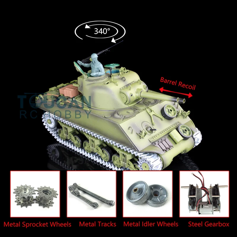 Upgraded HENG LONG 1/16 Scale 7.0 M4A3 Sherman RC Tank 3898 Metal Tracks Telescopic Barrel Recoil BB Shooting TH17673