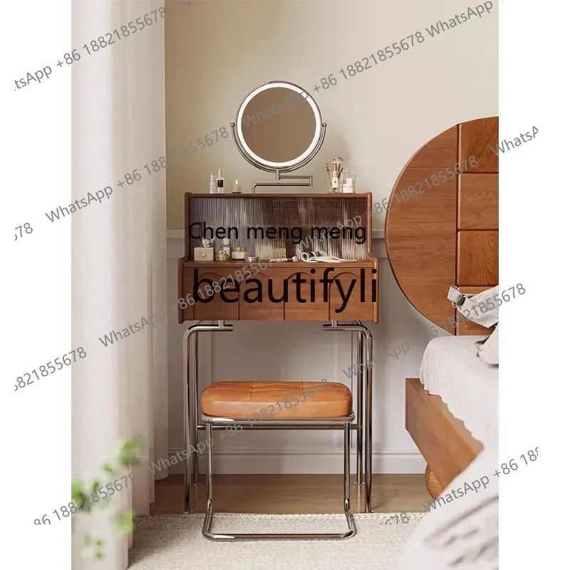 D178  Retro solid wood makeup table boxwood dresser small apartment storage with mirror integrated