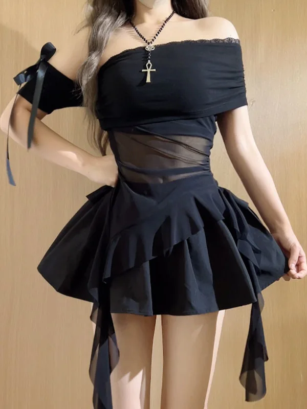 الرغبة النقية مثير ort Sve غير المتكافئة كشكش لي أعلى Bla عالية الخصر منتفخ تنورة المرأة قطعتين مجموعة الدانتيل تقليم سليم صالح #1