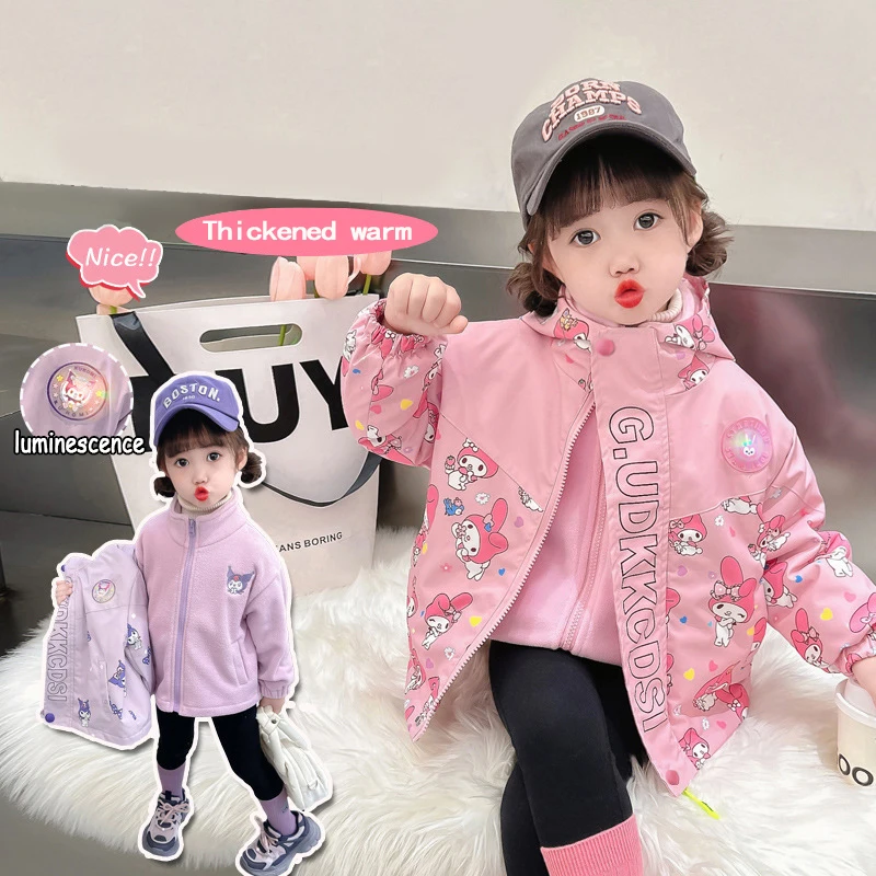 Sanurgente-Sweat à capuche chaud pour filles, veste en coton 3 en 1, ensemble 2 pièces, sweat-shirt d'extérieur, coupe-vent d'extérieur, Kuromi My Melody, hiver