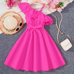 Summer Girls Cute Elegant Cool And Breathable Single Shoulder Belt Dress Solid Color Dress Princess Birthday Party Dress