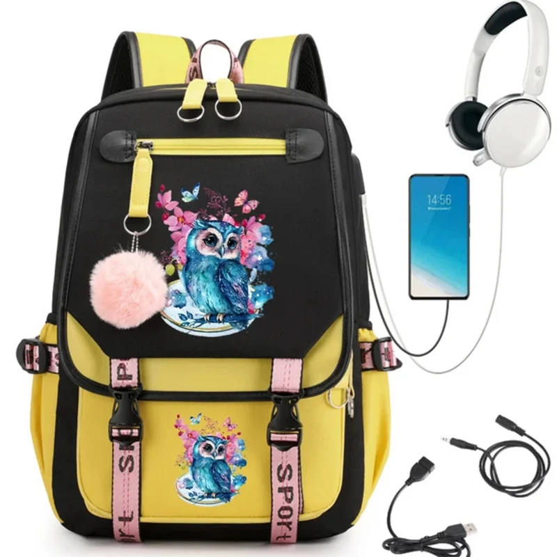 Mochila escolar para niña, morral escolar para niño y adolescente, con diseño de búho y flor, bolsa de Anime para escuela primaria, con carga Usb