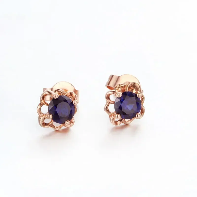 585 Purple Gold Light Luxury High-level Ear Studs Plating 14K Rose Gold Sapphire Flower Earrings for Women Daily Party Jewelry