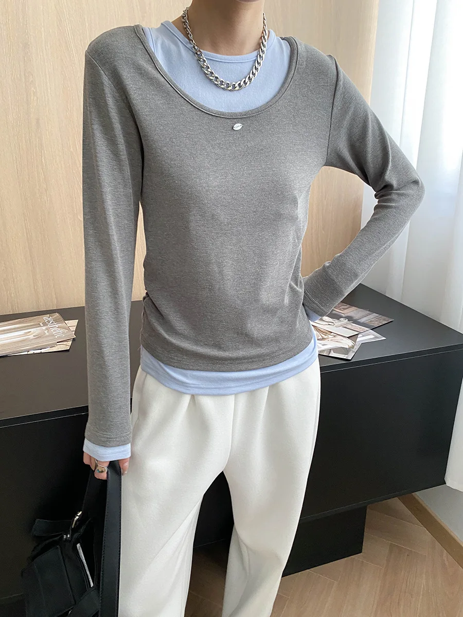 

2025 Spring And Autumn New Fake Two-piece Splicing T-shirt Bottoming Shirt Women's Round Neck Long Sleeve Pullover Top