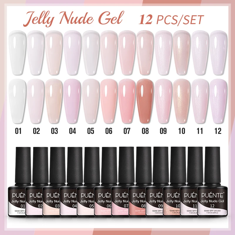 PUENTE 12PCS Jelly Nude Gel Nail Polish Kit Translucent Nude Pink Color Soak Off UV Nail Gel Manicure Semi-Permanent Varnish Set