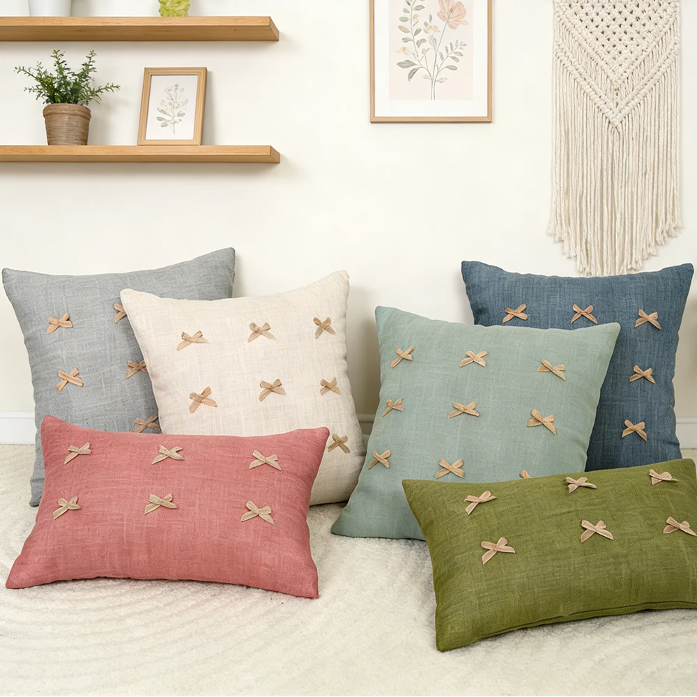 BUYNOW 1PC Retro Einfarbig Kissenbezug Bowknot Dekorative Kissenbezüge für Landhaus Cottage Wohnzimmer Sofa Hause Schlafzimmer Dekor