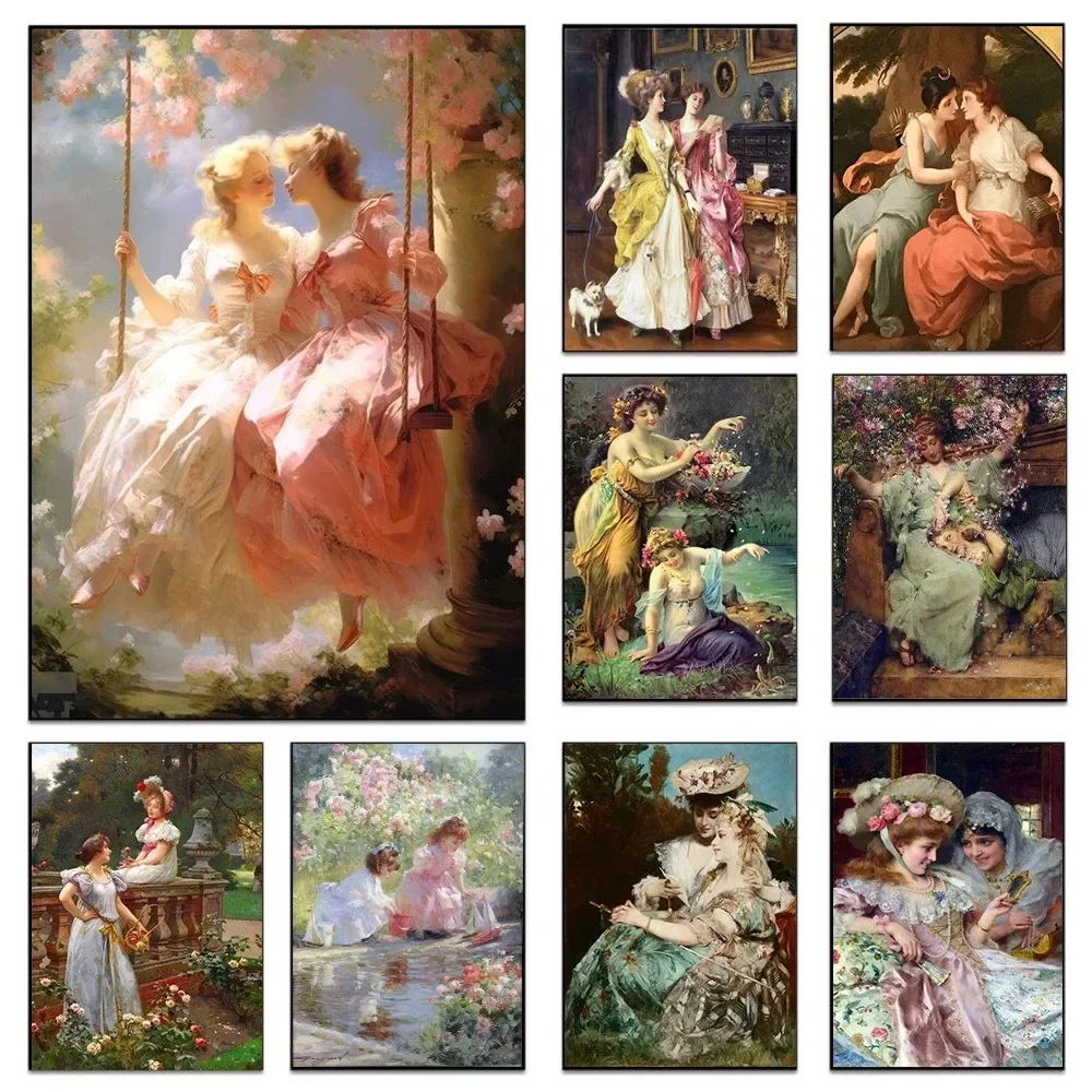 (No frame)Renaissance Art Women Love Poster Prints For Living Room Home Decor Vintage Victorian Girls Portrait Canvas Paintin
