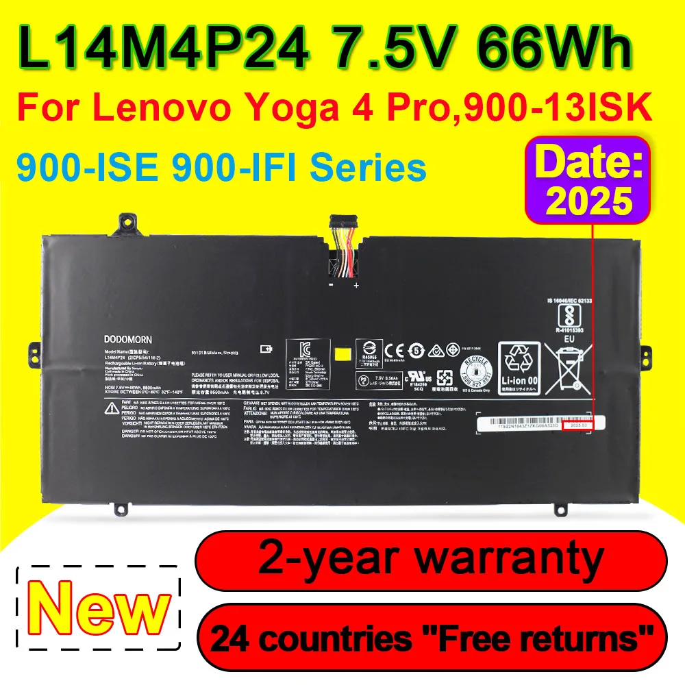 

L14M4P24 Аккумулятор для ноутбука Lenovo Yoga 4 Pro 900-13ISK 900-ISE 900-IFI Series L14L4P24 7,5 В 66 Втч 8800 мАч Быстрая доставка на складе