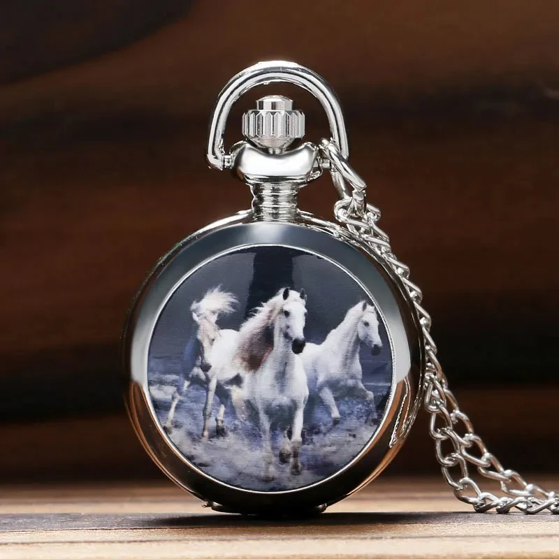 Fashion Vintage Colored Decorative Horse Pocket Watch On Chain Vintage Watches Quartz Necklace Pendant Clock Gifts For Women
