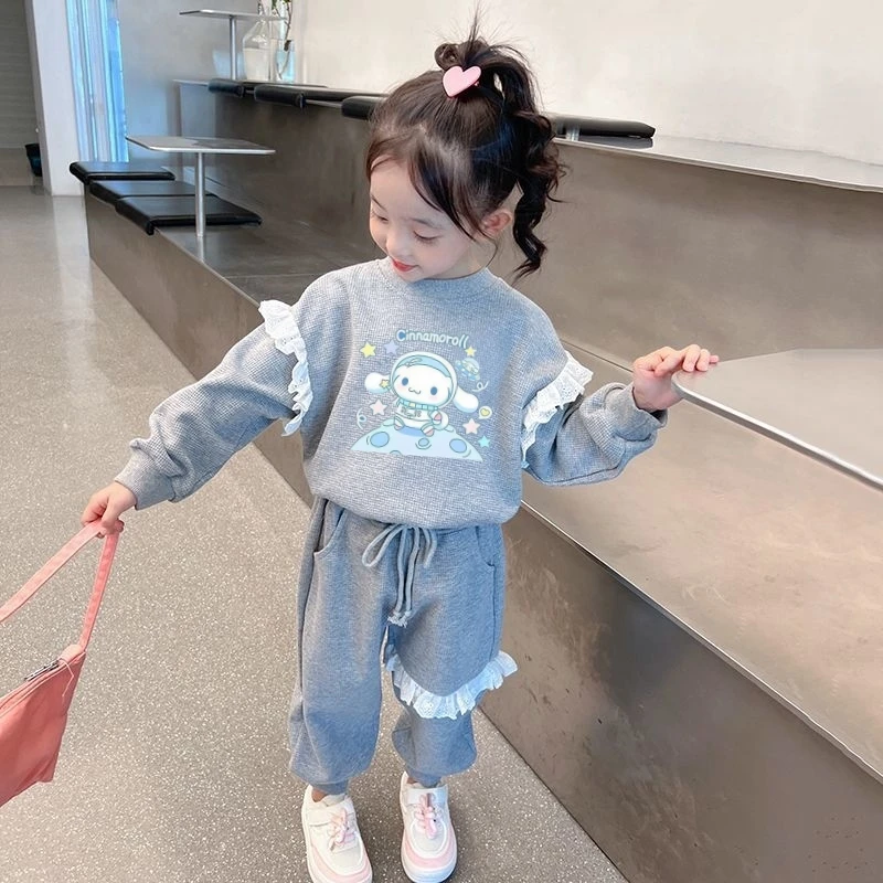 

Sanrio Autumn Baby Clothes Lace Decoration Set Kid Cute Cinnamoroll Printed Girls Sweatshirts Pullover Top&Pants 2pcs Sportswear