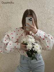 Duomofu-Camisa de algodón con estampado de corazón para mujer, Blusa con volantes y cuello Peter Pan, holgada e informal, elegante, de manga farol, para primavera