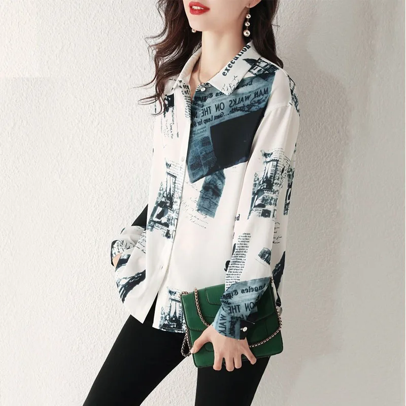 Korean Vintage Long Sleeve Printed Shirt Spring Women\'s Clothing Casual Fashion Streetwear Turn-down Collar Button Blouse Femme