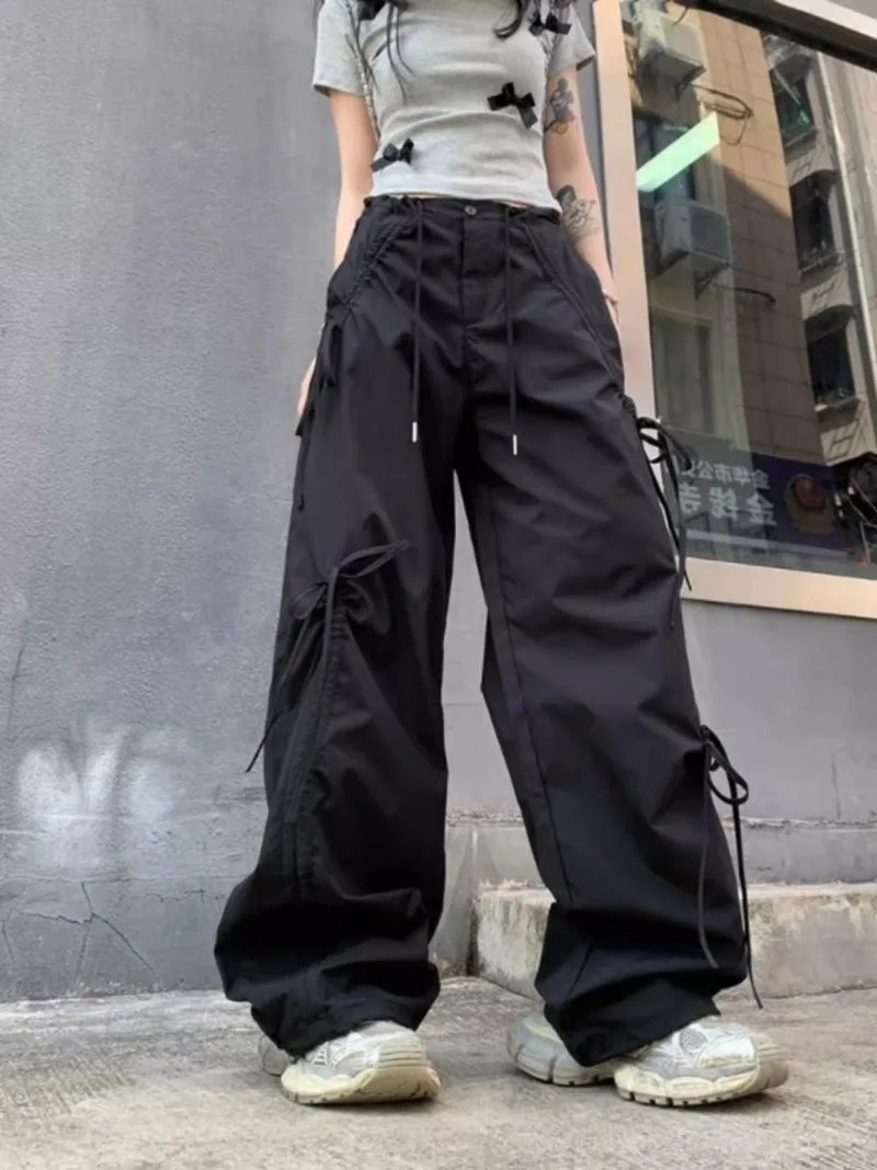 Y2k Clothes Vintage American Style Pantalon Pour Femme High Waist Slim Drawstring Bandage Bowknot Trousers Summer Wide Leg Pants