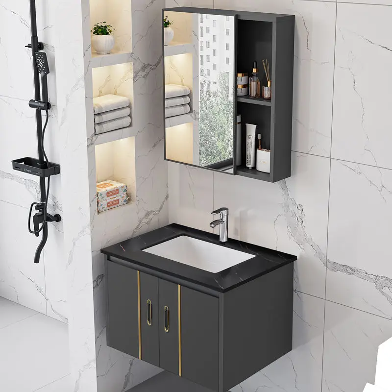 Stone Plate Space Aluminum Alloy Bathroom Cabinet Combination Bathroom Wash Basin Cabinet Washstand Mirror Cabinet Integrated