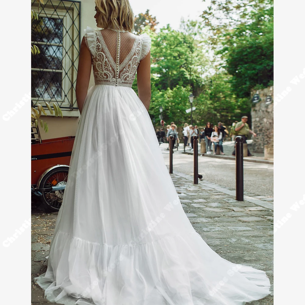 Chiffon Women Wedding Dresses Deep V-Neck Printing Design A-Line Bridal Gowns Sexy Sleeveless Backless Bride Robes Customized