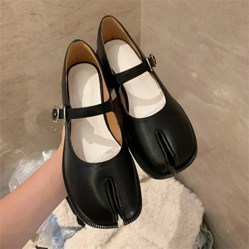 Genuine Leather Square Toe Tabi Ballet Style Chunky Heels Buckle Straps Solid Shoes Elegant Zapatos Mujer Versatile Luxury New