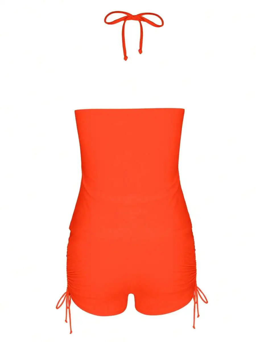 Womens Solid Orange Halter Tankini Set With Drawstring Shorts Tummy Control Beach Swimsuit