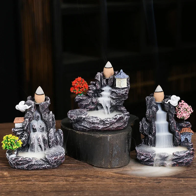 Waterfall Backflow Incense Burner Vintage Resin Incense Stick Holder Ornaments Yoga Room Zen Censer Holder Home Bedroom Decor