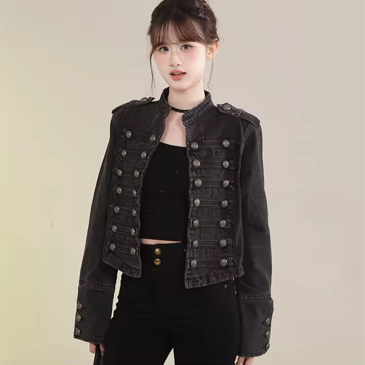 Women's Clothing Short Coat New Jeans Jacket Retro Button Design Slim Stand-up Collar Long Sleeves Denim Top Jacket Short Coat - Image 7